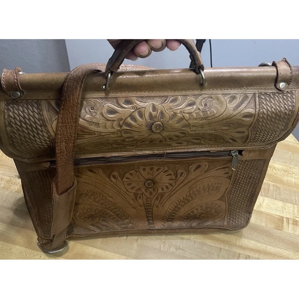 Vintage American West Tooled Leather Briefcase Messenger Laptop Bag Brown USA